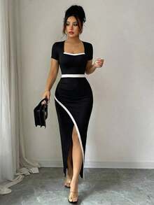 YHHRafferiza Nuevo vestido de Body ceñido con cuello cuadrado elegante y abertura en la cintura, estilo europeo y americano para mujeresYHH - Blanco y Negro - Ver 4