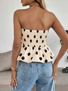 Top bandeau con dobladillo de peplum con estampado de lunares de moda para mujer - Albaricoque - Ver 2