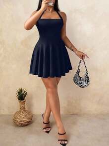Vestido corto sin mangas de unicolor para mujer, atuendo casual y de uso diario en color borgoña - Azul marino - Ver 8