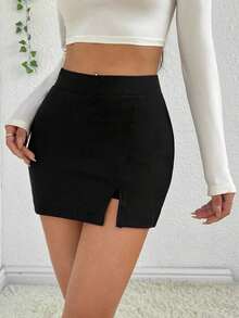 Falda de verano, falda recta con aberturas laterales para mujer, falda casual y sexy de cintura alta con corte mini, lisa, negra, para uso diario casual en primavera/verano - Negro 2 - Ver 6