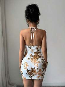 Vestido corto con cuello anudado, efecto drapeado en malla y estampado floral efecto tie-dye - Amarillo 2 - Ver 2
