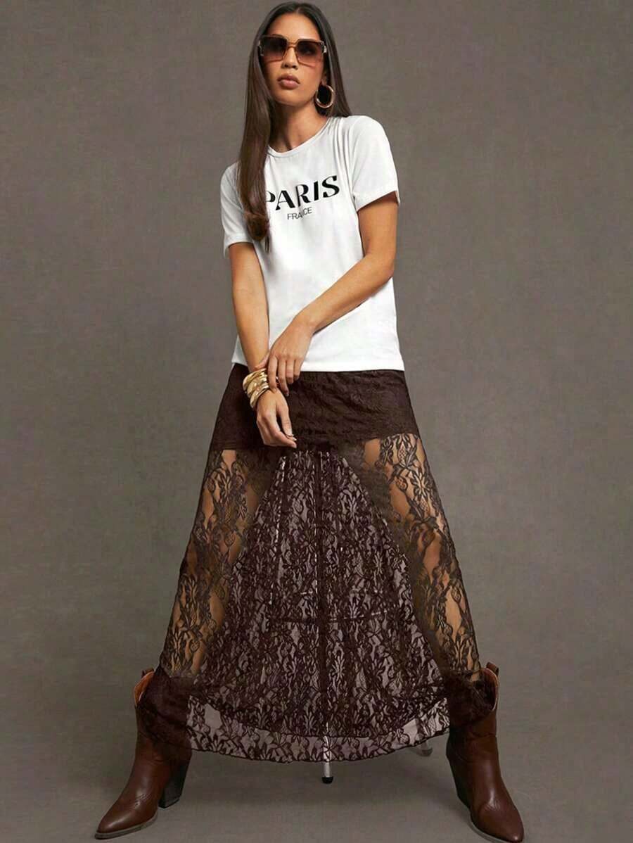 2026 Women Sexy Black Wildflower Lace Patchwork Lightweight And Breathable Long Summer Skirt Winter Casual Spring - Caqui - Ver 1