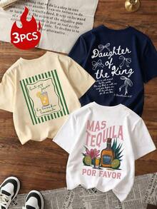 1 Piece Women's Loose Fit Crew Neck Short Sleeve T-Shirts With Cocktail Themed Prints Including "Margarita", "Sweet Life" And "Bubbles", Casual Fit, Suitable For Beach, Vacation, Brunch, Girls Night Out And Warm Weather - 白色 - 查看 5