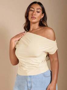 Camiseta negra de manga corta con hombro asimétrico para mujer de talla grande, ideal para verano, vacaciones en la playa, festivales de música country, fiestas, vacaciones, conciertos, fiestas de carnaval, festivales, top amarillo mantequilla, - Beis - Ver 5
