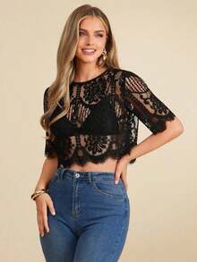 Blusa suelta de manga corta con encaje elegante para mujer, adecuada para la temporada de bodas, citas, primavera y verano, color: Blusa de verano casual de primavera y verano para mujer Blusa blanca Blusa bohemia Blusa de ojal Blusas de verano par - Negro 3 - Ver 7