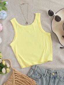 Camiseta de tirantes con cuello redondo, estampado de flores de cerezo y recorte de concha para mujer - Amarillo 3 - Ver 2