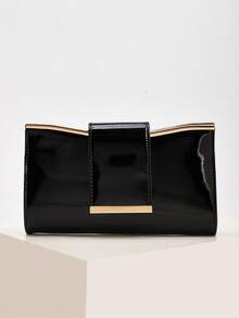 Quilted Flap Closure PU Solid Color Envelope Bag, Fashionable Bright Color Party Clutch, Laser Bright Color Chain Shoulder Bag, Glossy Evening Party Mini Square Bag, Suitable For Women Date, Party, Banquet - Black - View 2