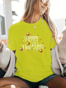 Camiseta de Mujer con Estampado de Letras de Dibujos Animados, Estilo Casual Holgado - Negro - Ver 8
