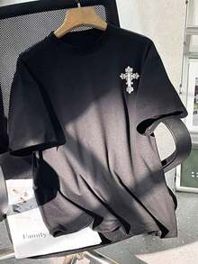 Casual Short Sleeve T-Shirt With Round Neck And Crossed Wings Print For Teenagers, Summer, Vacation - 黑色 2 - 查看 2