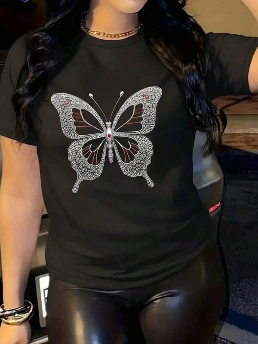 New 2026 Playera moderna, estampado de mariposa, holgada, cuello redondo, manga corta, otoño, ideal para fiestas y uso diario - Negro - Ver 1