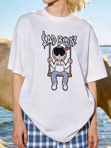 Women's Soft And Casual Short-Sleeved T-Shirt With A Round Neck, Featuring An AD BOYZ Swinging Boy Cartoon Graphic Print, Ideal For Everyday Wear. Black Color. - 白色 - 查看 5