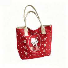 Miniso Sanrio Hello Kitty 波点玫瑰帆布手提包，红色单肩包，日常使用 - 黑色 - 查看 5