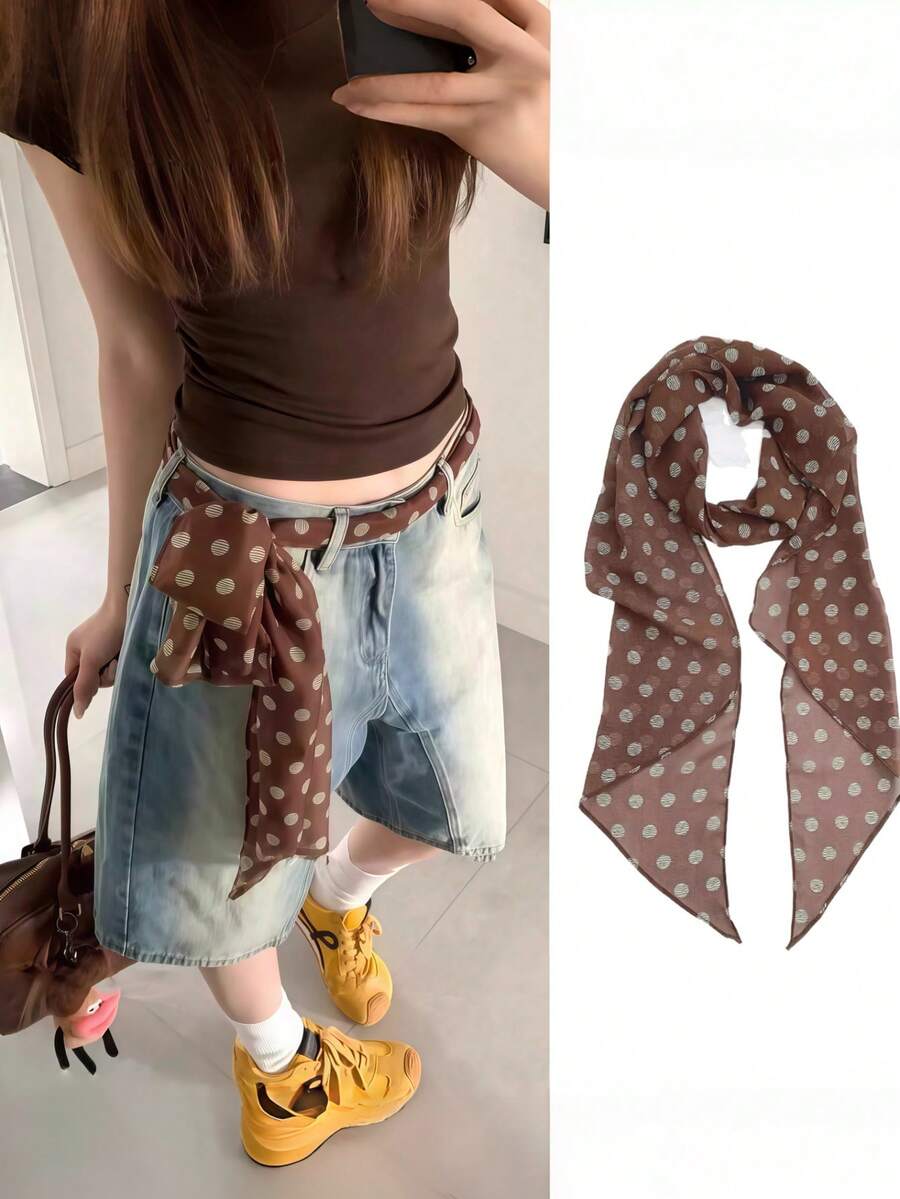 Khăn lụa chấm bi nâu mới về, phụ kiện đa năng cho nữ, thích hợp đeo cổ và eo mỗi ngày. - Nhiều màu - Xem 1