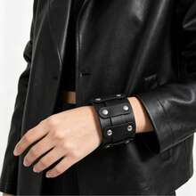 1pc Punk Style Rivet Black Leather Bracelet, Vintage Fashion Accessory For Men, Gift For Him - Black - View 3