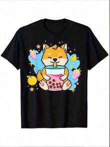 Nueva camiseta estampada para niños con diseño de Shiba Inu y té de burbujas - Algodón suave, manga corta, cuello redondo, lavable a máquina - Negra con diseño de dibujos animados vibrantes, casual y cómoda para jóvenes, camiseta gráfica divertida. |   Ropa de Shiba Inu |   Stretch Fabric,Camisetas para mujer, camisetas para hombre, conjuntos para padres e hijos, camisetas con estampados de emojis populares, camisetas con diseños de anime y videojuegos, camisetas de apoyo al Mundial - Negro - Ver 1