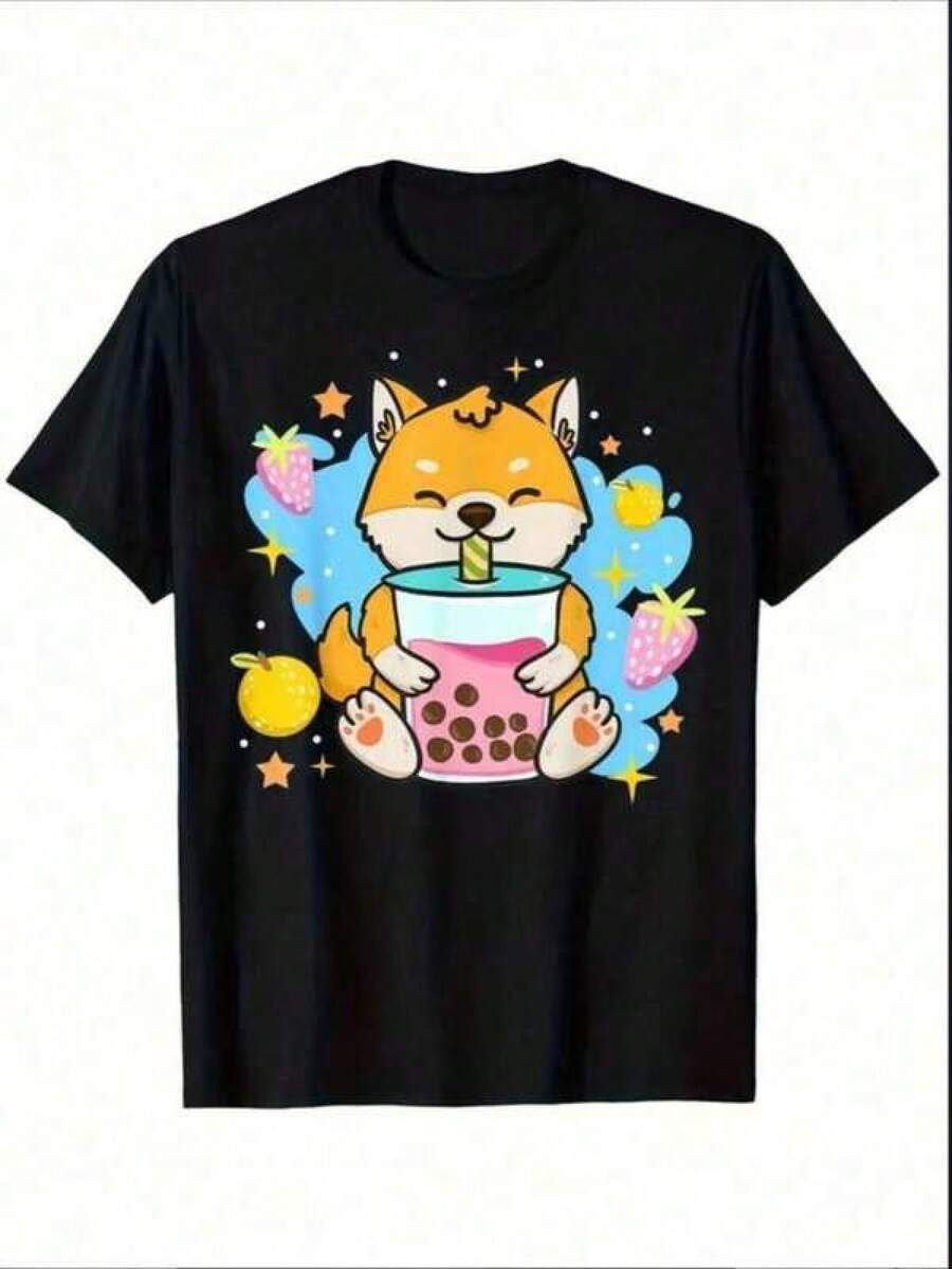 Nueva camiseta estampada para niños con diseño de Shiba Inu y té de burbujas - Algodón suave, manga corta, cuello redondo, lavable a máquina - Negra con diseño de dibujos animados vibrantes, casual y cómoda para jóvenes, camiseta gráfica divertida. |   Ropa de Shiba Inu |   Stretch Fabric,Camisetas para mujer, camisetas para hombre, conjuntos para padres e hijos, camisetas con estampados de emojis populares, camisetas con diseños de anime y videojuegos, camisetas de apoyo al Mundial - Negro - Ver 1