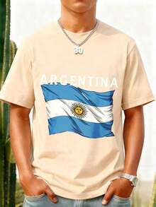 Black T-Shirt With Argentine Flag Print And "Argentina" Text For Men. Ideal For Sporting Events And National Holidays. Great Gift Idea. Women's T-Shirt. Elegant. Bohemian Style. Soft, Breathable, And Comfortable Garment, Perfect For Spring, Summer, And Fall; Ideal For Vacations, Travel, And Everyday Wear. Perfect For Watching A Game. - 杏 - 查看 1