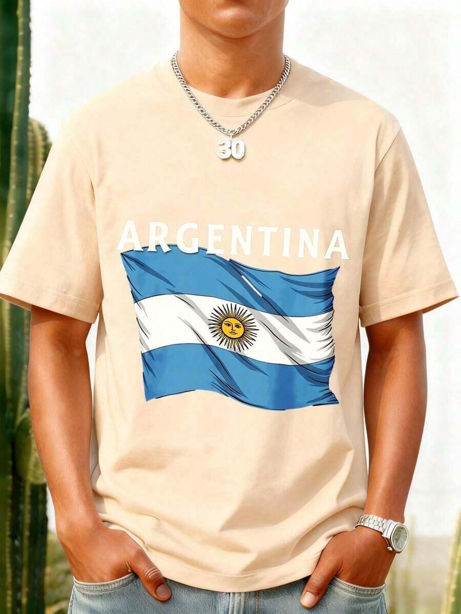 Black T-Shirt With Argentine Flag Print And "Argentina" Text For Men. Ideal For Sporting Events And National Holidays. Great Gift Idea. Women's T-Shirt. Elegant. Bohemian Style. Soft, Breathable, And Comfortable Garment, Perfect For Spring, Summer, And Fall; Ideal For Vacations, Travel, And Everyday Wear. Perfect For Watching A Game. - 杏 - 查看 1