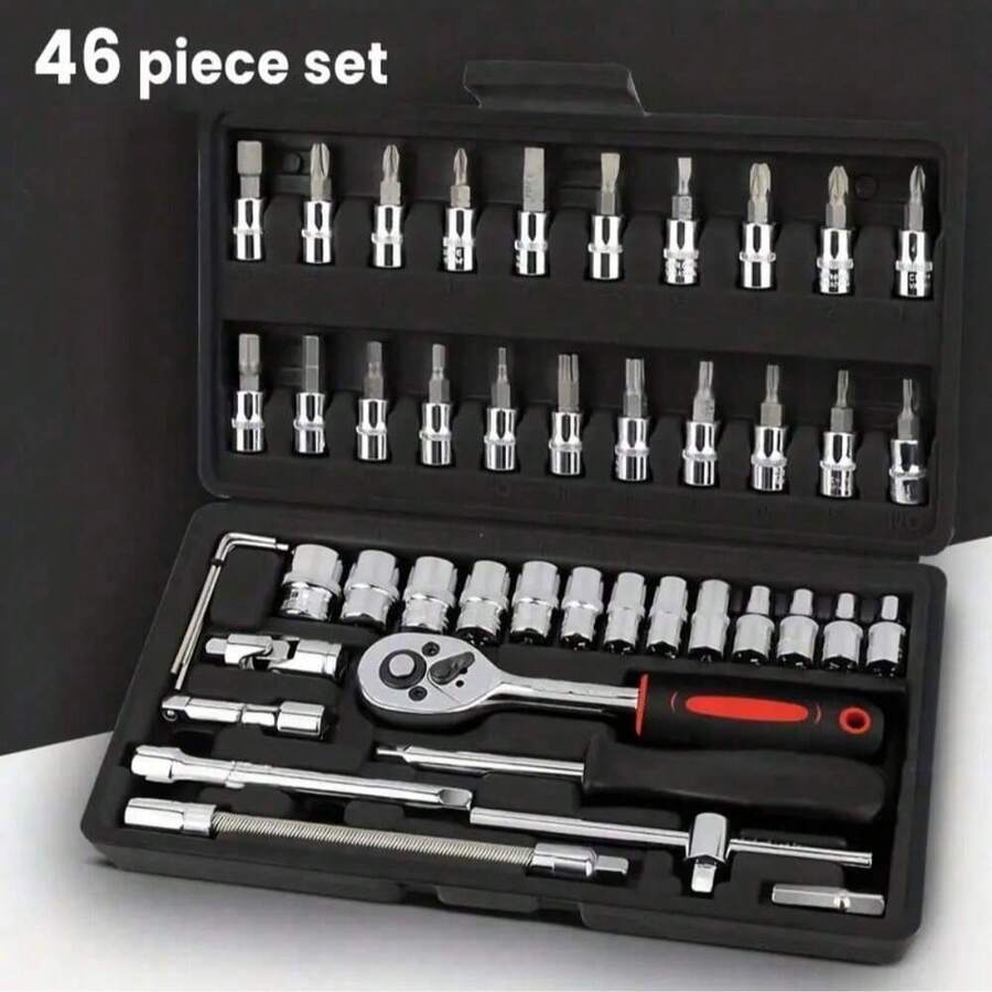 46pcs Non-Electric 1/4" Drive Ratchet Wrench Socket Set, Insulated Chrome Vanadium Steel, Assorted Socket Sizes And Bits, Motorcycle And Car Repair Tool Kit - A - View 1