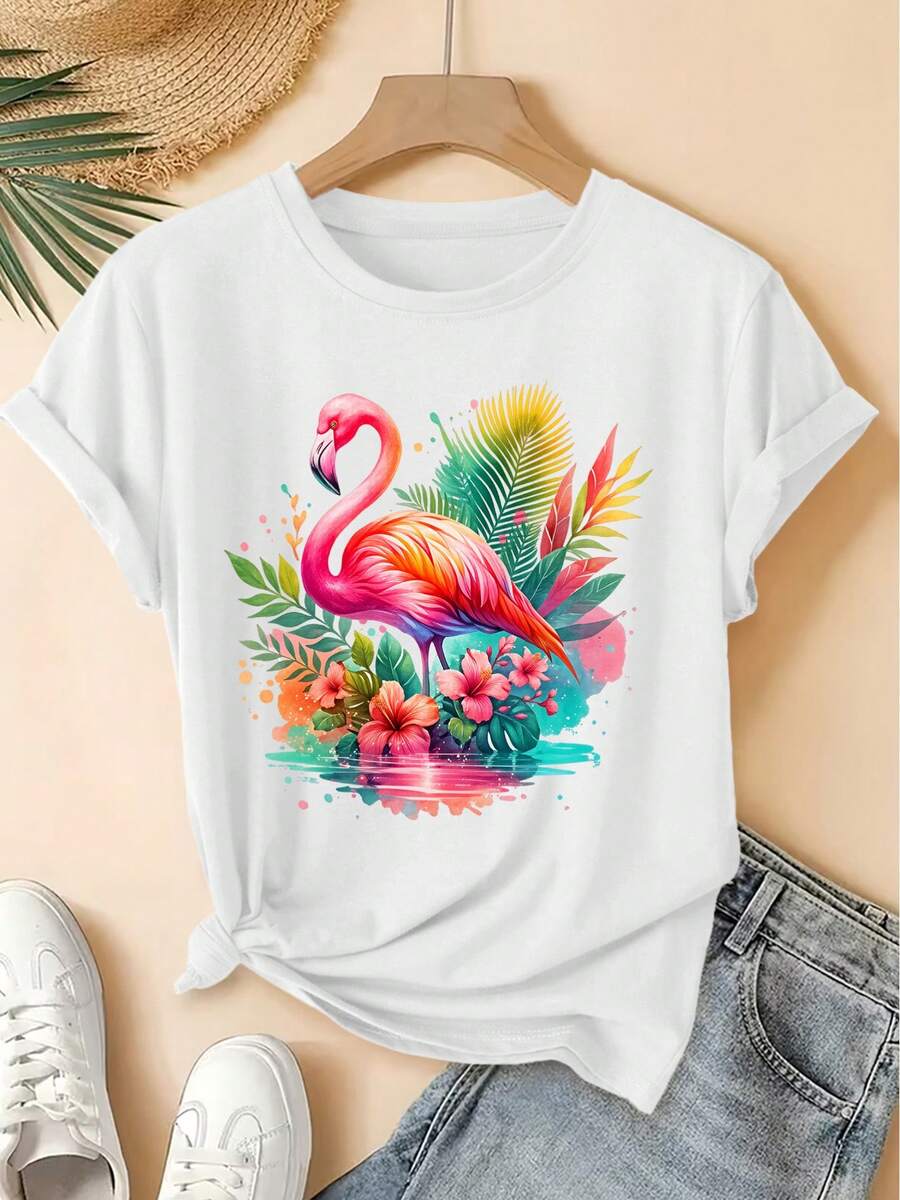 Women's Spring/Summer 2026 T-Shirt, New Style, Round Neck, Watercolor Flamingo Tropical Print, Short Sleeve, Vintage Distressed Style, Casual Top, Soft Knit Fabric, High-Quality Women's Clothing. | Fun And Original Design | Suitable For Everyday Wear In Spring, Summer, And Autumn. | Fun And Rejuvenating Top - 白色 - 查看 1