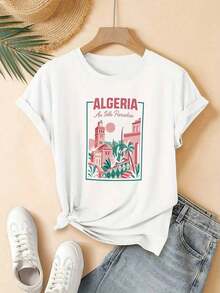 Women's & Men's Simple And Versatile Design: Algerian-Style Architecture, Modern And Attractive Print, Short-Sleeved Crew Neck T-Shirt For Young Women, Machine Washable, Suitable For Everyday Casual Street Style, A Great Gift Choice, Ideal For Home, Office And Other Occasions. Cotton T-Shirt - 白色 - 查看 1