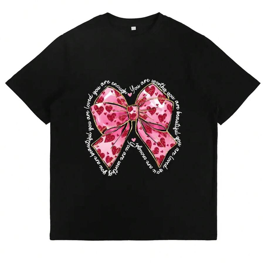 Camiseta con Gráfico de Lazo Rosa "You Are Enough" - Camisetas Lindas e Inspiradoras para Mujer, Estéticas y a la Moda, para Uso Diario Casual, Suaves y Cómodas, Camisetas de Verano, Regalos de San Valentín, Tops con Gráficos. - Negro - Ver 1