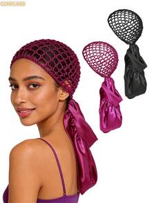 2-In-1 Crochet Hair Net & Satin Bonnet, Anti Frizz Sleep Cap For Curly Hair, Breathable Mesh Hair Wrap For Sleeping, Reusable Hair Protection Bonnet - Multicolor - View 2