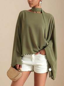 Veneréa Blusa casual suelta para mujer con mangas tipo murciélago asimétricas, hombros descubiertos, decoración de cuentas y tela de gasa, estilo romántico y casual para vacaciones - Verde - Ver 8