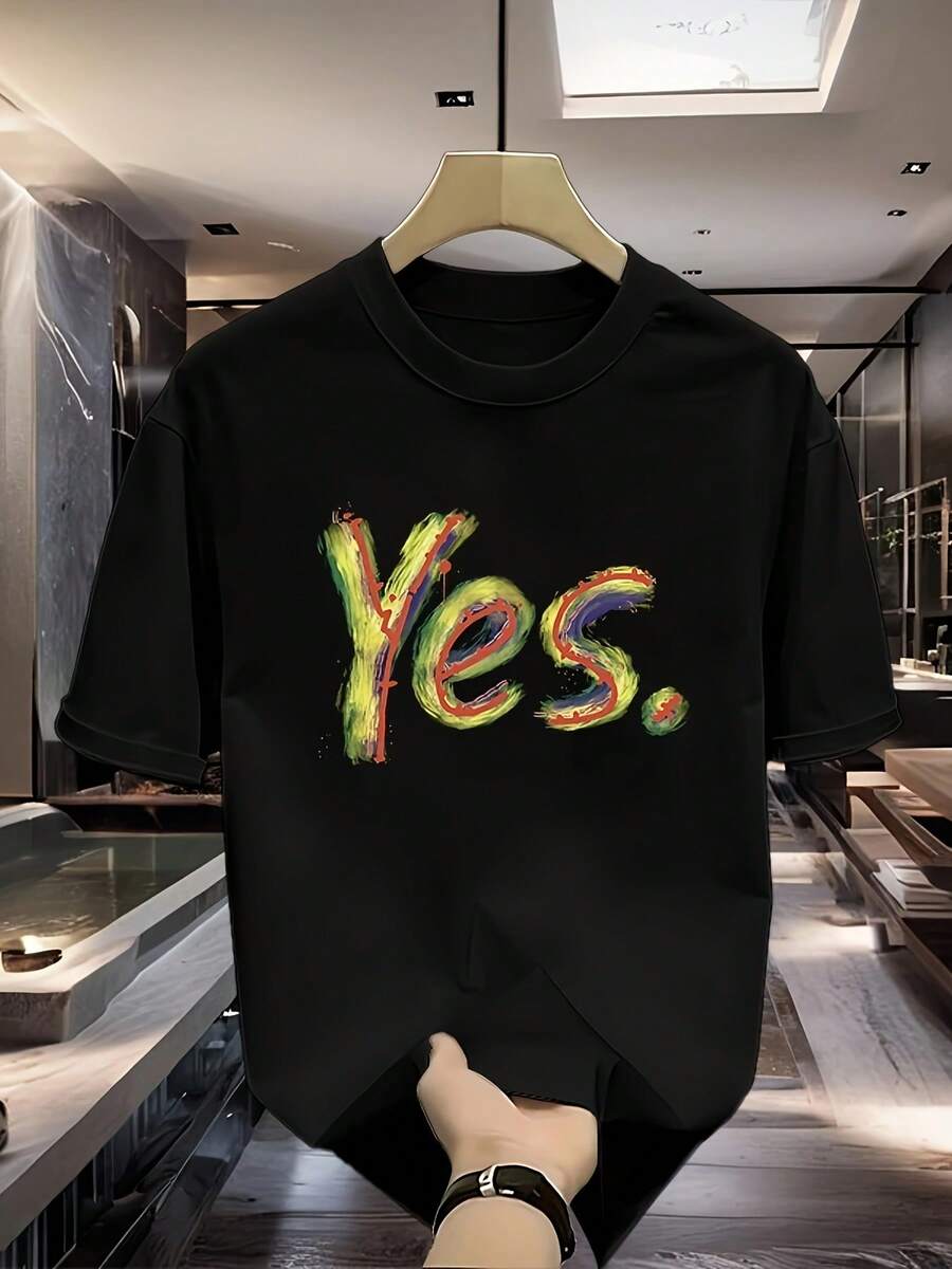 Men's Short-Sleeved T-Shirt, Personalized, Made Of High-Grammage Pure Cotton, With A Brand Print, New, Casual Summer, Plus Size, Loose And Versatile - Unisex Loose-Fitting Short-Sleeved Cotton T-Shirt With A Round Neck, Urban Vintage Style. - 黑色 - 查看 1
