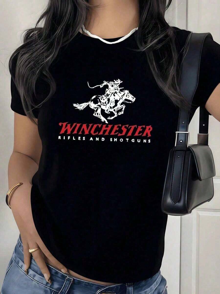 ropa de mujer Local -60 Camiseta con estampado gráfico de vaquero y montador de caballos 1 pieza Temática occidental Camiseta casual para mujer 100% algodón Estilo vintage Streetwear camisas de mujer - Negro - Ver 1