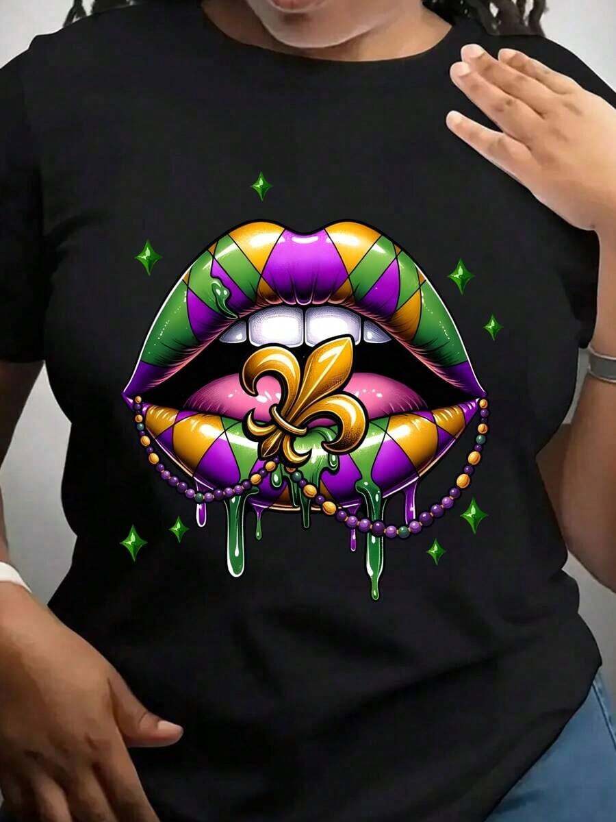 Camiseta con Diseño Gráfico de Labios y Cuentas de Flor de Lis para Mardi Gras, una Camiseta Perfecta para Regalar a Amigos y Familiares en Cualquier Día Festivo o Ocasión Especial, -Camiseta Unisex de Estilo Urbano Vintage, de Algodón, Manga Corta y Cuello Redondo - Negro - Ver 1
