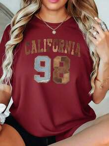 Camiseta Gráfica de Talla Grande para Mujer con Estampado Floral Vintage y Patrón de Alfabeto, Manga Corta, Estilo Casual de Verano - Negro - Ver 4