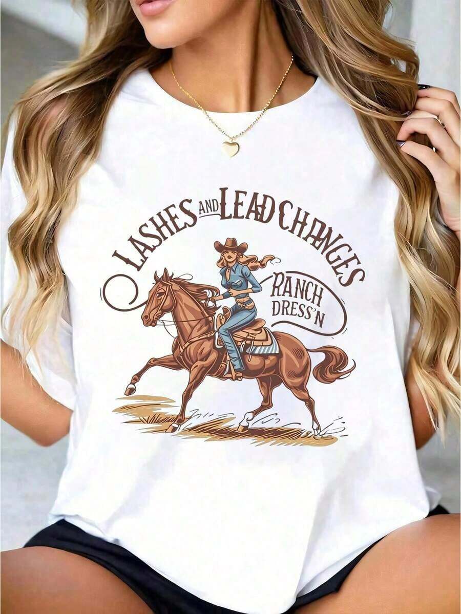 ropa de mujer  1pc Women' Cowgirl Horse Riding Print White TShirt, Crew Neck, Casual Cotton Tee Medium Stretch Knit Fabric, Regular Fit For Female Ladies,Size S-XXXL  camisas de mujer