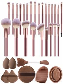 33pcs All-In-One Rose Brown Makeup Brush Set With Beauty Sponges, Powder Puffs, Silicone Cleaners, Professional Synthetic Brushes For Foundation Eyeshadow Concealer, Complete Full Face Makeup Tool Kit For Beginners - Multicolor - View 1