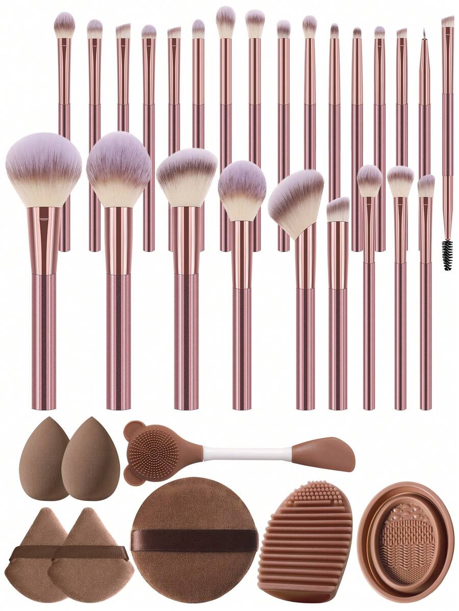 33pcs All-In-One Rose Brown Makeup Brush Set With Beauty Sponges, Powder Puffs, Silicone Cleaners, Professional Synthetic Brushes For Foundation Eyeshadow Concealer, Complete Full Face Makeup Tool Kit For Beginners - Multicolor - View 1