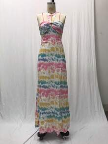 Vestido de mujer color arcoíris tie dye con falda larga fluida, espalda descubierta, cintura alta, tejido ligero ideal para verano, estilo boho playero perfecto para vacaciones, viajes y días en la playa - Rosa - Ver 3