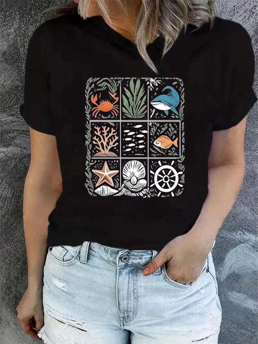 Camiseta de verano para mujer, de manga corta y estampada, moderna y casual, lavable a máquina, ajuste cómodo, estampado plano 2D. - Negro_07 - Ver 1
