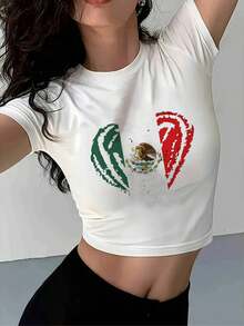 LZ250501 (47) 2D T-Shirt With Flat Print And MEXICO Lettering, Ideal For Daily Wear, Casual Travel, Outdoor Events, Perfect For Summer, Beachwear, Women's Short Sleeve Top, Designed With Prints - 白色 - 查看 6