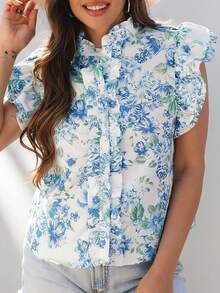 Camisa de mujer con estampado floral de doble capa y puños con volantes, adecuada para vacaciones/casual/trabajo, diseño de mangas con volantes de verano - Azul - Ver 1