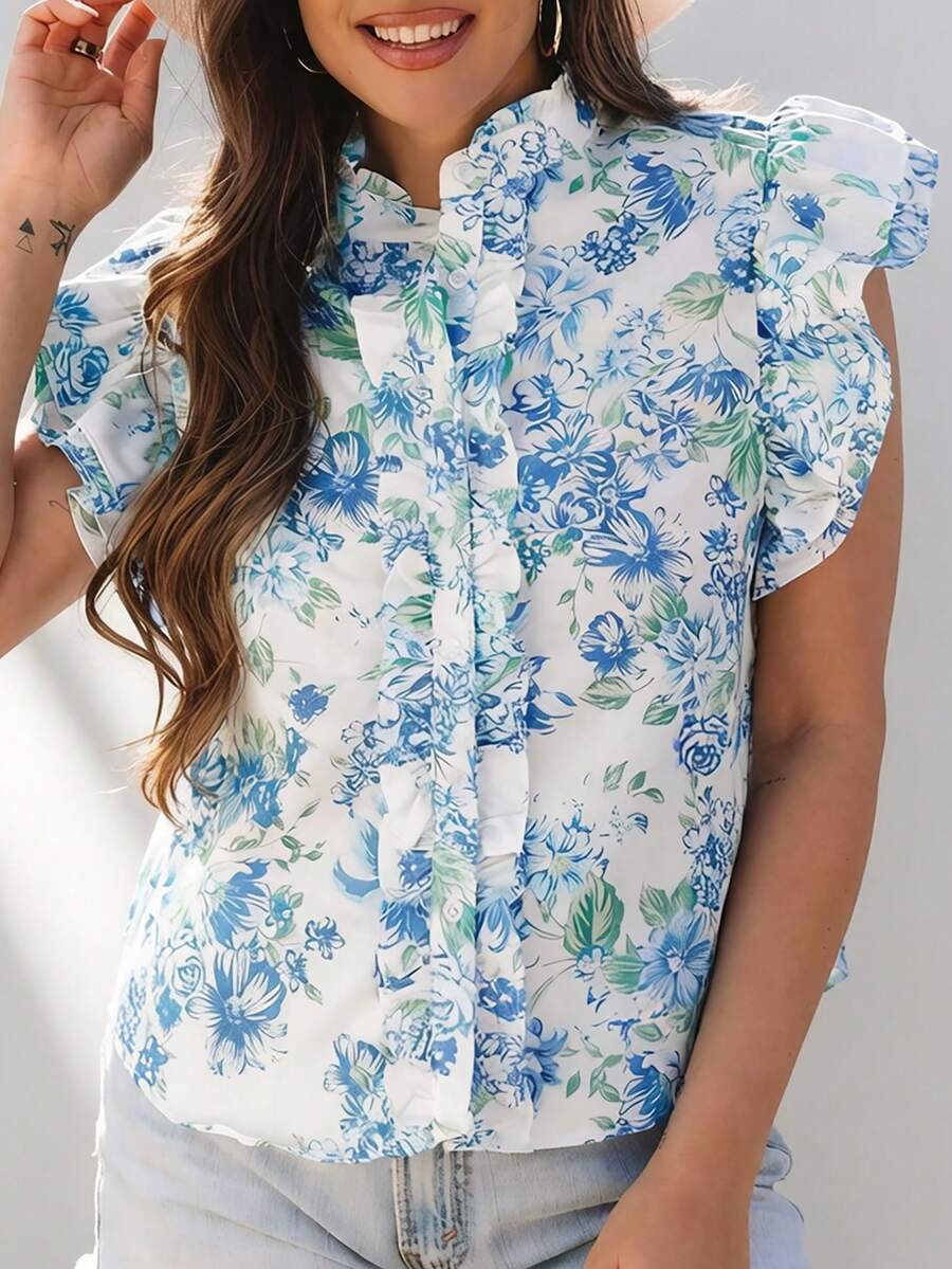 Camisa de mujer con estampado floral de doble capa y puños con volantes, adecuada para vacaciones/casual/trabajo, diseño de mangas con volantes de verano - Azul - Ver 1