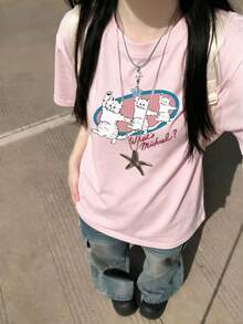 Women's Round Neck Short Sleeve T-Shirt, Summer New Cartoon Cat Pattern & Letter Print, Fashion Casual Versatile Loose Fit Top - Light Pink - View 8