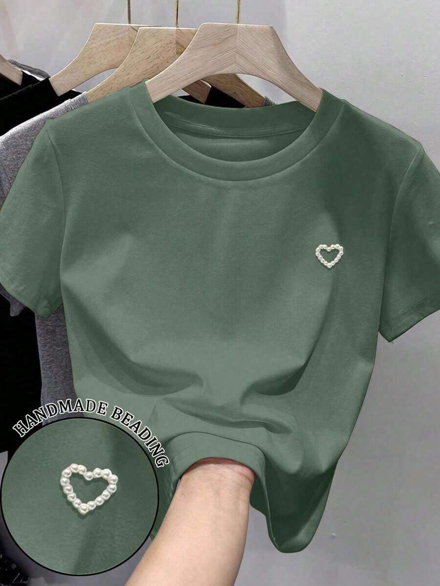 Camiseta casual de mujer con cuello redondo, manga corta, estampado de lunares y decoración de corazón con perlas falsas - Verde - Ver 1