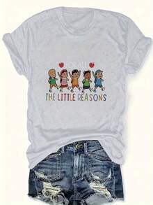 Plus Size - Plus Size Women'S Casual Crew Neck T-Shirt - "I Love My Job" Graphic Tee with Colorful Cartoon Characters, Short Sleeve, Lightweight & Breathable Fabric for Spring & Summer, Casual Wear | Playful Graphic Tee | Comfortable Fit - Gris Claro - Ver 6