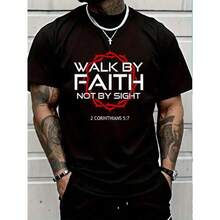 Camiseta Cristiana 100% Algodón con Estampado 'Jesus Walk By Faith', Cuello Redondo, Manga Corta, Camiseta Gráfica para Hombre y Mujer, Camisetas Gráficas para Hombre, Tops Cortos, Ropa de Verano para Hombre, Camisetas de Verano - Negro - Ver 2