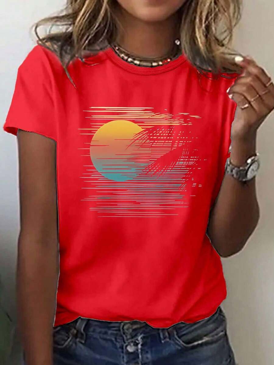 Camiseta con estampado de atardecer atmosférico junto al mar, top casual de manga corta y cuello redondo para verano y primavera, ropa de mujer. - Rojo - Ver 1