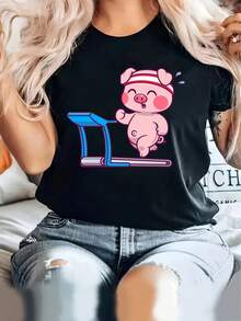Camiseta Deportiva de Manga Corta con Diseño de Cerdo Divertido para Mujer - Tejido Suave y Elástico, Cómoda para Todas las Estaciones, Lavable a Máquina, Regalo Ideal para Entusiastas del Fitness, Cuello Redondo, Ajuste Cómodo - negro - Ver 2