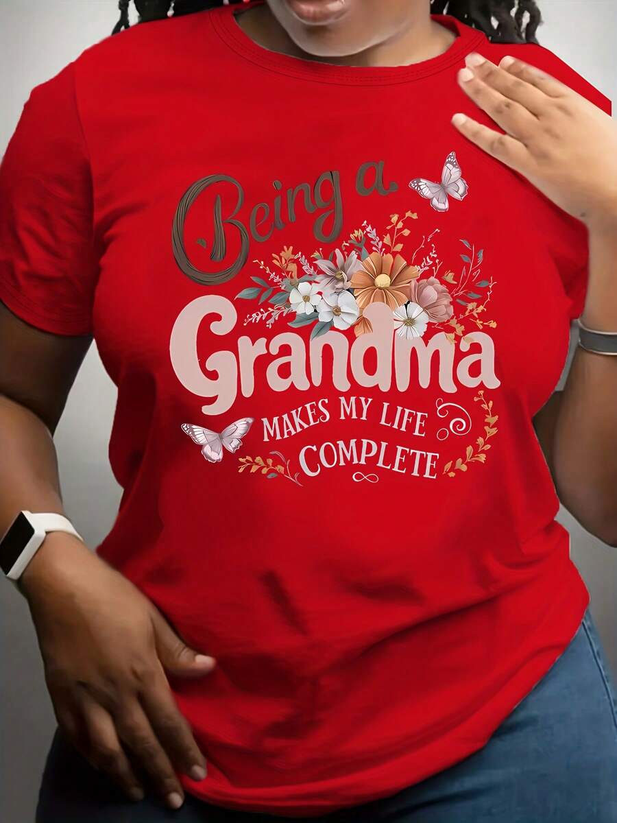With A Casual Crew Neck And Letter Print Elements, This Granny Print And Other Motif T-Shirt Is About To Become A Hit - Unisex Loose Cotton Short-Sleeved Crew Neck Urban Vintage Style T-Shirt. - 紅色 - 查看 1
