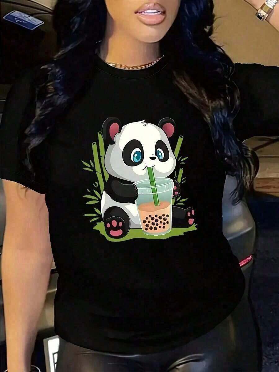 Soft, Breathable, And Lightweight For All-Day Comfort. Cute Panda Print T-Shirt For Women. Classic Crew Neck With A Relaxed Fit That Flatters All Body Types And Is Easy To Pair With Jeans, Shorts, And Leggings. - 黑色 - 查看 1
