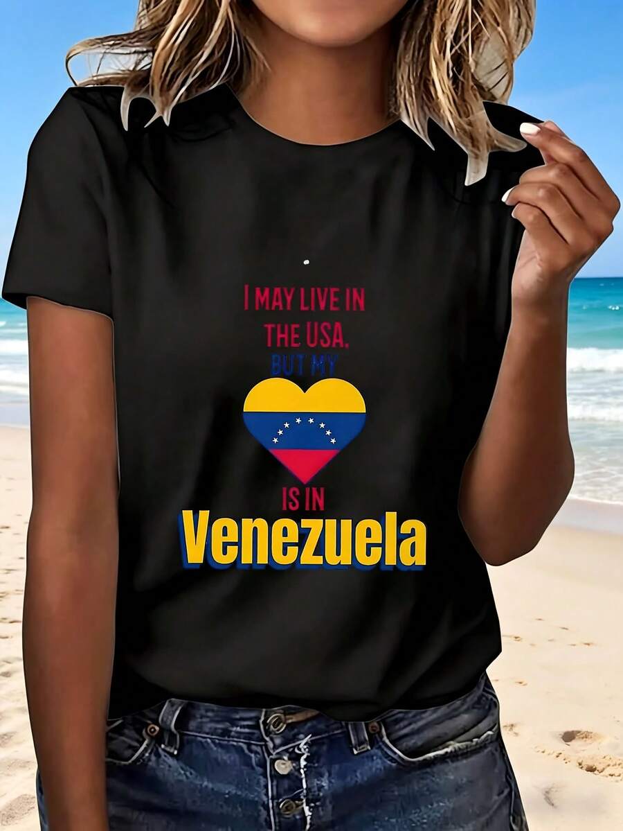 I May Live In The Usa But My Heart Is In T Shirt With Fashion Design And Creative Print For Beach Vacation And Casual Wear Perfect Gift For Lovers - Negro - Ver 1