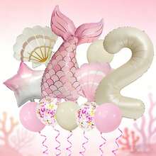 1 Set Mermaid Themed Balloon Set, Includes 32" Ivory Number Balloon, 39.37" Pink & Gold Mermaid Tail Balloon, 26" Pearl White & Pink Shell Balloons, 18" Pink & White Gradient Star Balloons, Suitable For Birthday Gifts, Mermaid Princess Themed Parties, Ocean Themed Events, Dream Theme, Easy To Create A Dreamy And Sweet Underwater Princess Atmosphere - View 21
